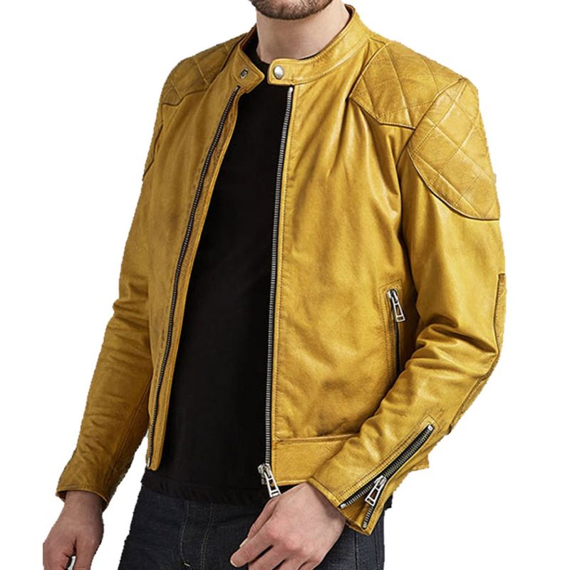Mens Yellow Café Racer Leather Jacket
